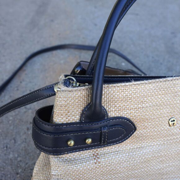 Vintage Etienne Aigner Raffia Straw Bag Black Leather Trim Crossbody Handbag - Picture 2 of 10